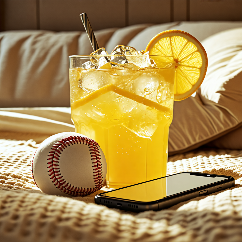 baseball, cell phone, lemonade, bed, rock